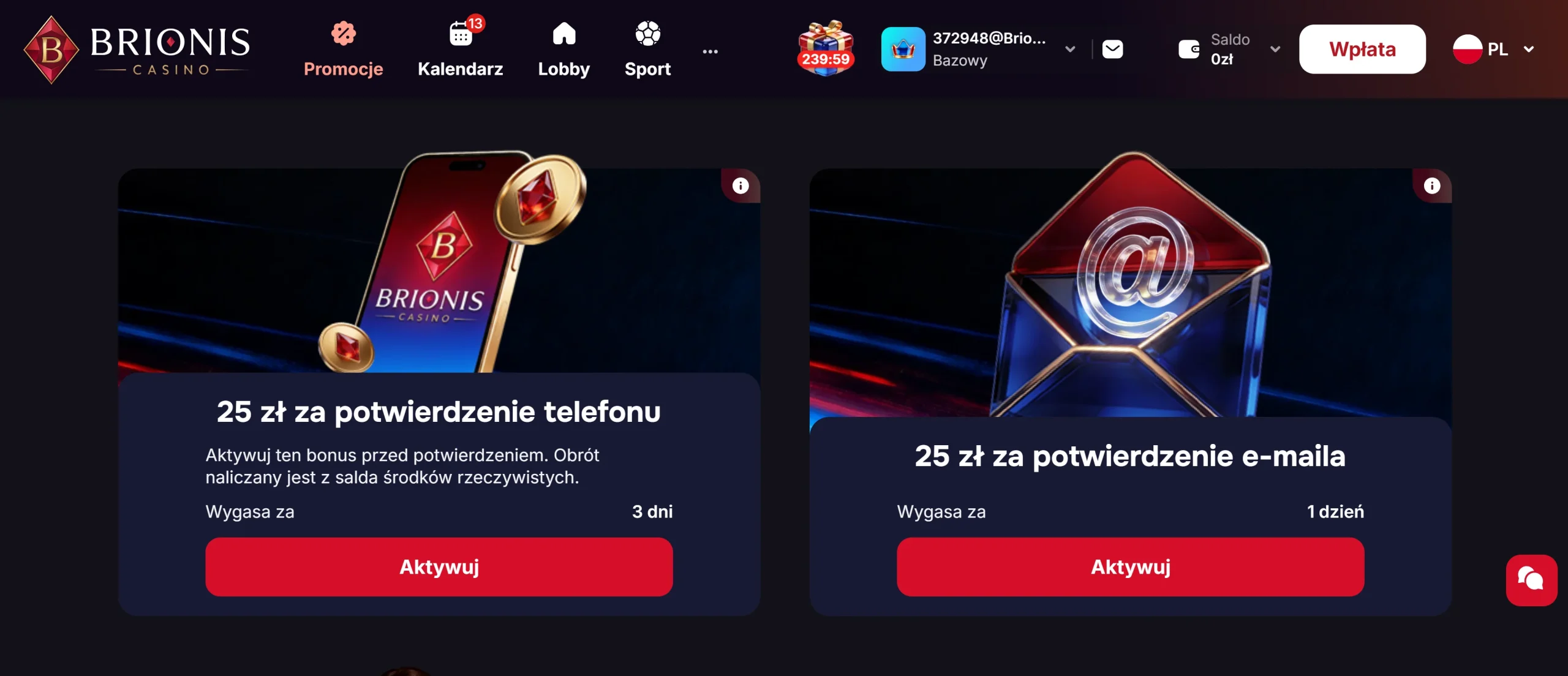 Jak otrzymać bonus bez depozytu Brionis Casino. Krok 3