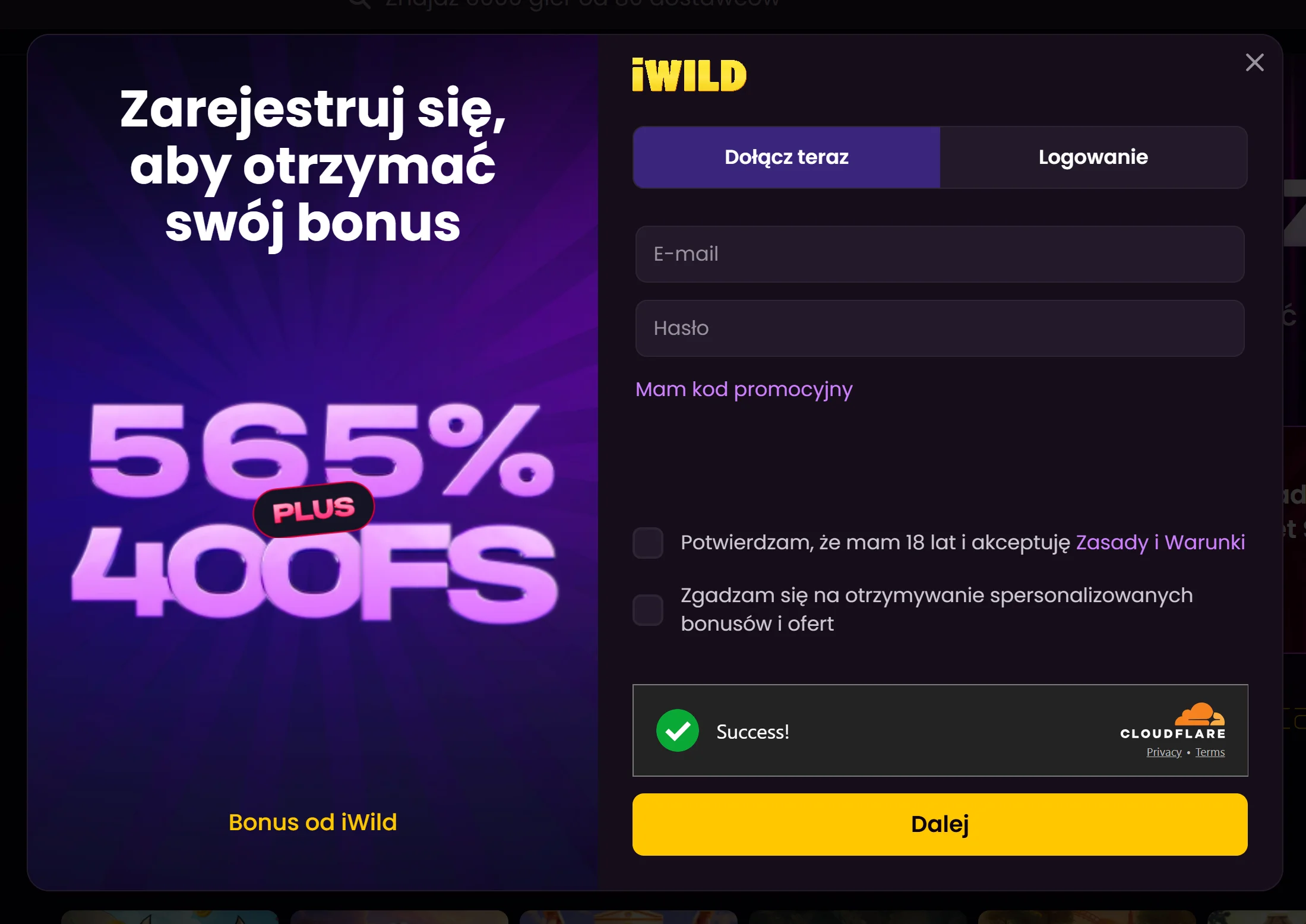 iWild Casino Rejestracja krok 2