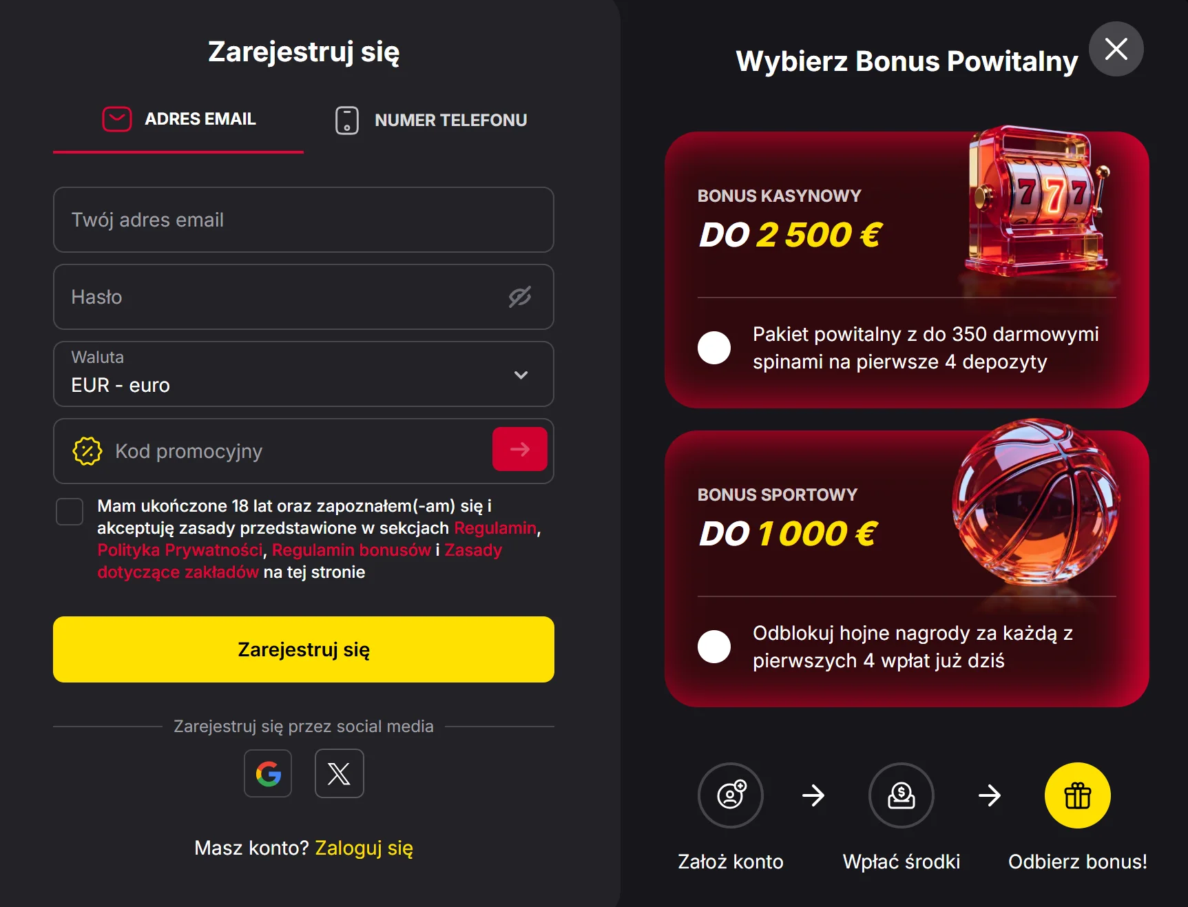 Jak otrzymać bonus bez depozytu Fiery Play Casino? Krok 2