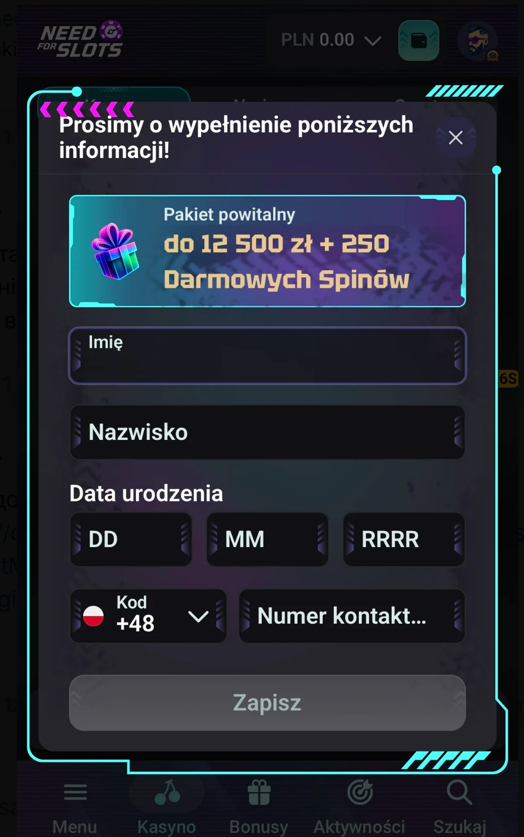 Jak otrzymać bnus bez depozytu Need for Slots? Krok 3