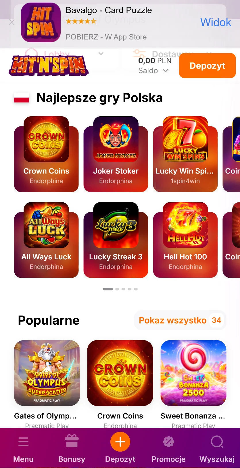 Hit`n`Spin minimalny depozyt 20 zł