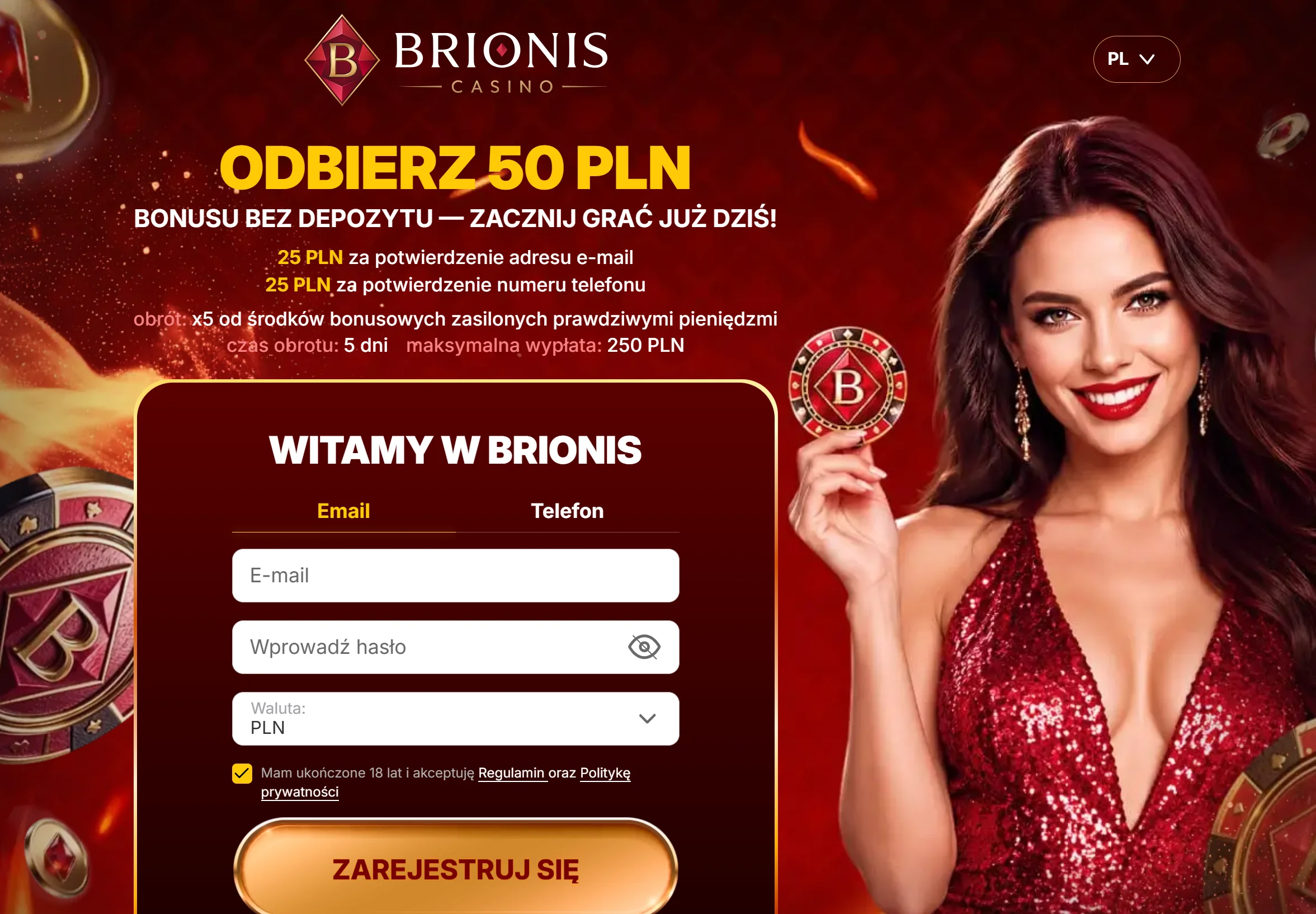 Jak otrzymać bonus bez depozytu Brionis Casino. Krok 1