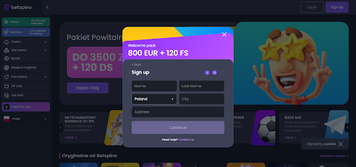 Betspino Casino rejestracja krok 2