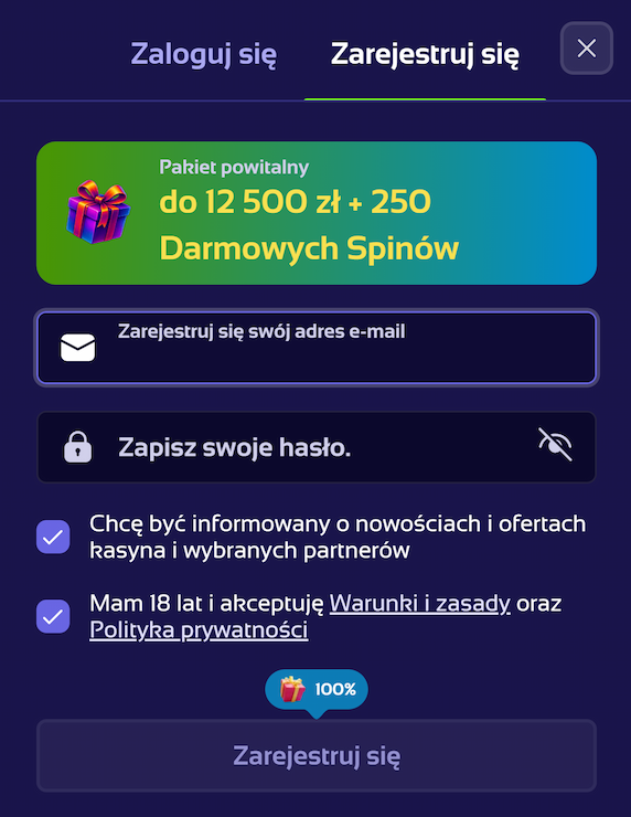 Browinner Casino rejestrację krok 2