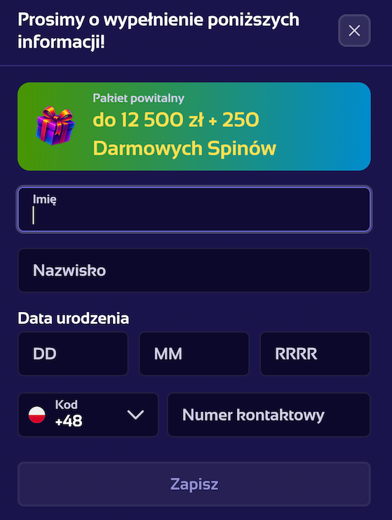 Browinner Casino rejestrację krok 3