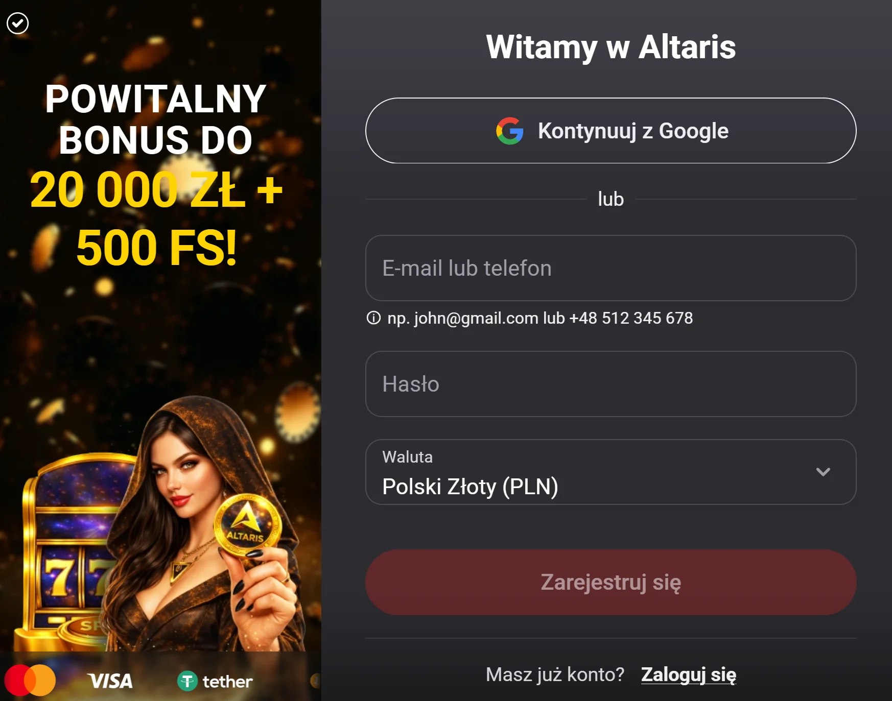 Jak otrzymać bonus bez depozytu Altaris Casino? Krok 2