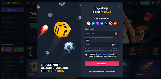 Coins game casino rejestracja krok 1