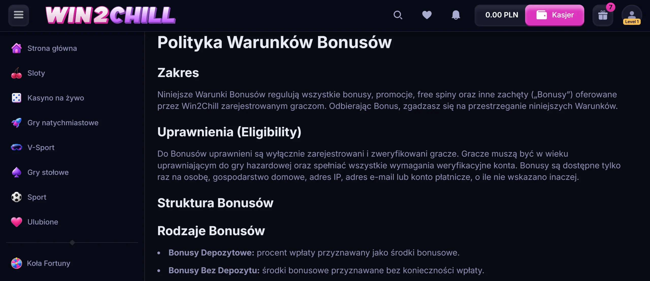 Regulamin bonusu Win2Chill Casino