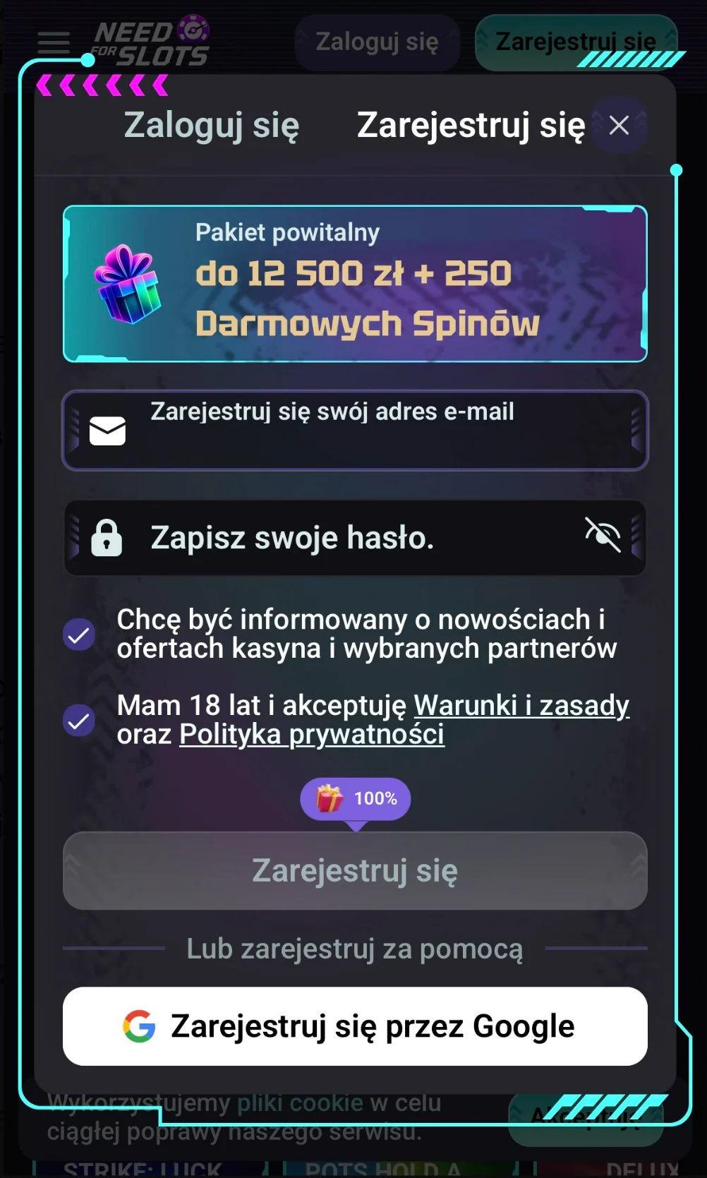 Jak otrzymać bnus bez depozytu Need for Slots? Krok 2