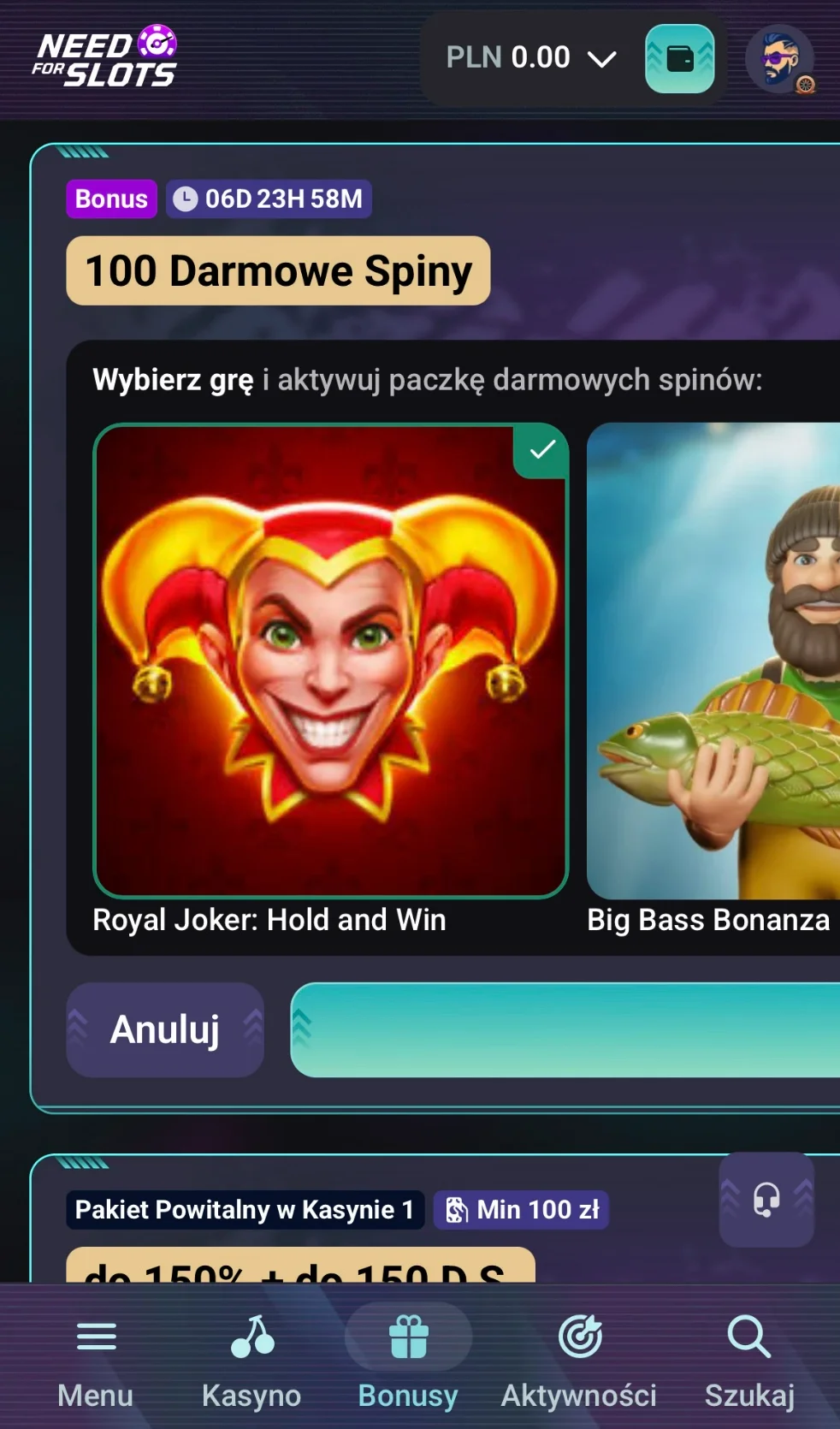 Jak otrzymać bnus bez depozytu Need for Slots? Krok 5