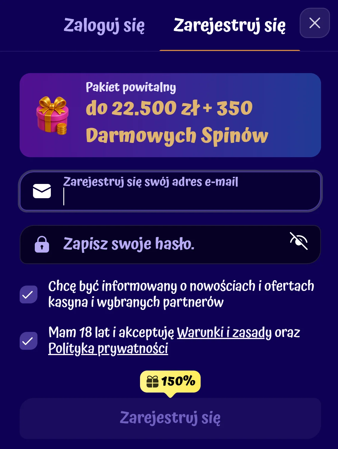 Jak otrzymać bonus bez depozytu Spingranny Casino? Krok 1