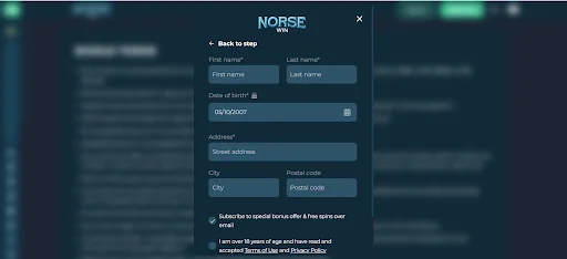 Norsewin bonus bez depozytu rejestracja krok 3