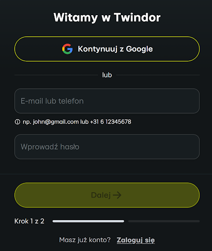 Twindor rejestracja 2 krok