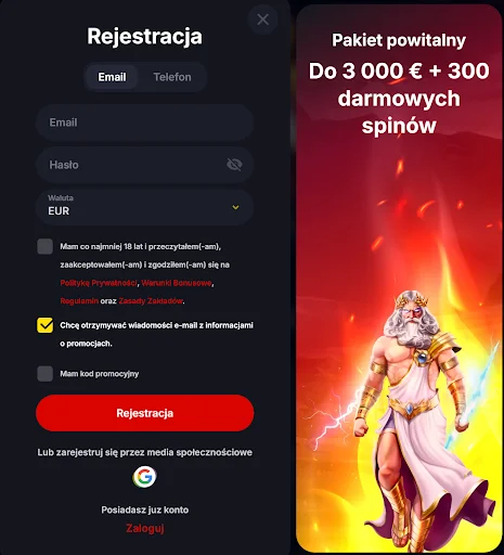 YEP! Casino rejestracja krok 1