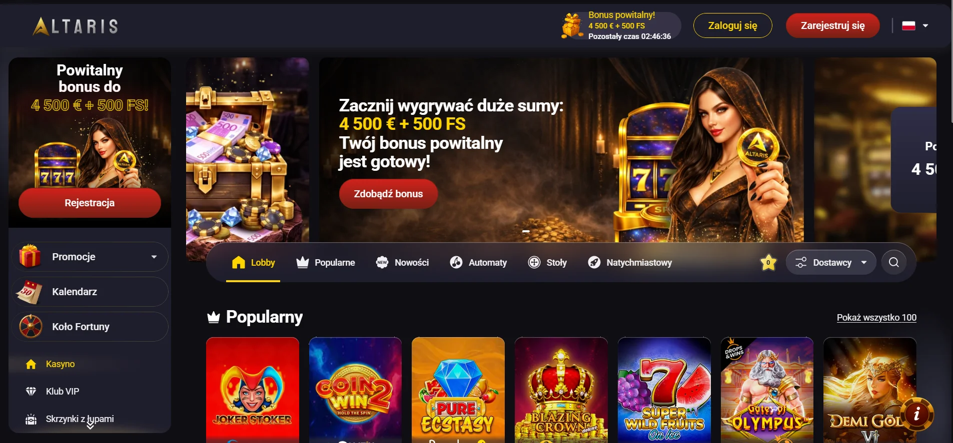 Bonus powitalny w Altaris Casino do 20 000 PLN i 500 darmowych spinów