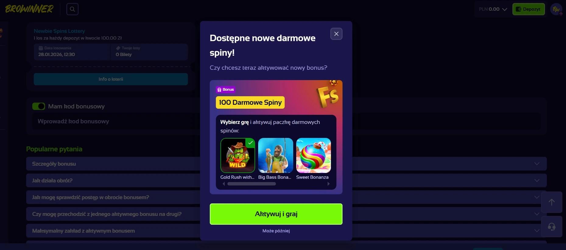 bonus bez depozytu w browinner