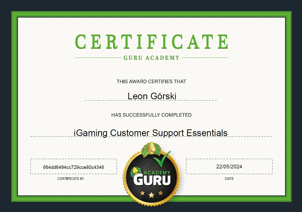 certyfikat igaming customer support essentials od casino guru academy