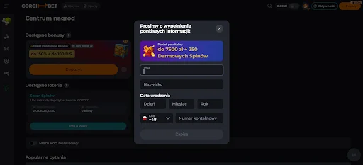 corgibet bonus bez depozytu krok 3