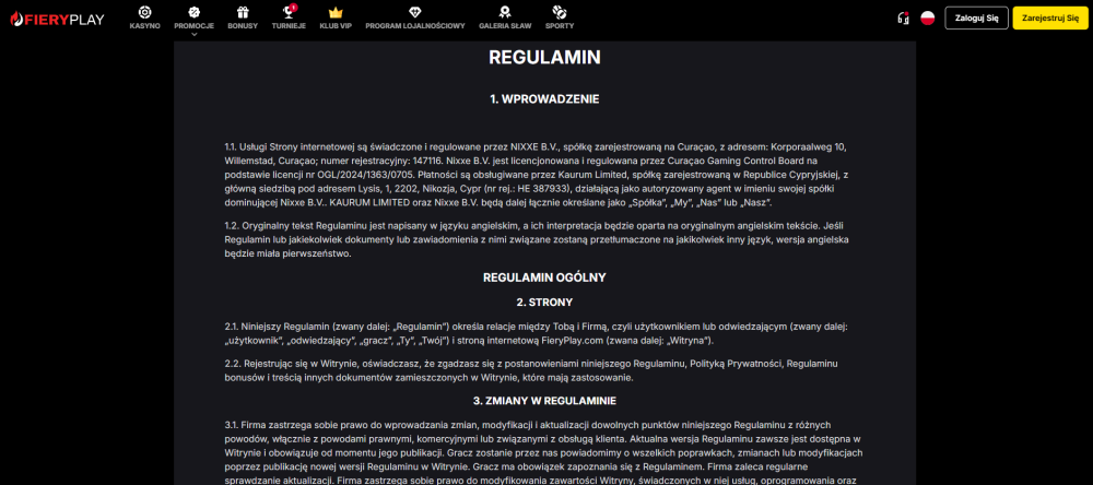 fiery play casino regulamin