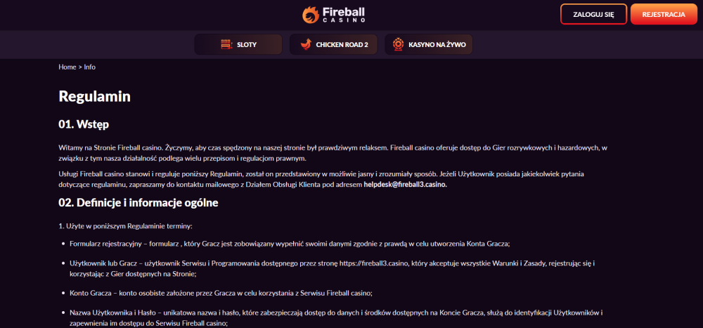 fireball casino regulamin