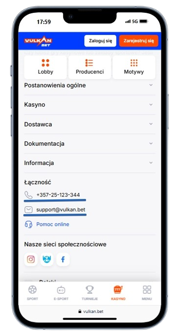 e-mail i telefon do kontaktu z kasynem