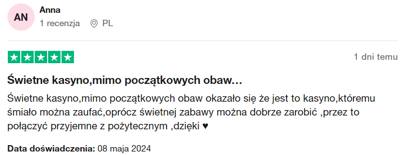 recenzja kasyna hitnspin od użytkownika anna na stronie trustpilot