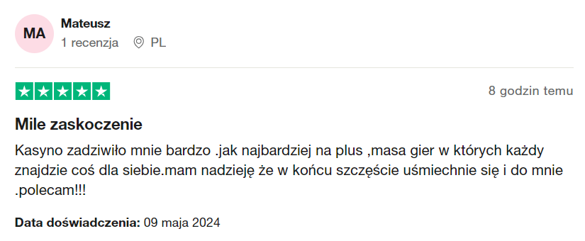 recenzja kasyna hitnspin od użytkownika mateusz na stronie trustpilot