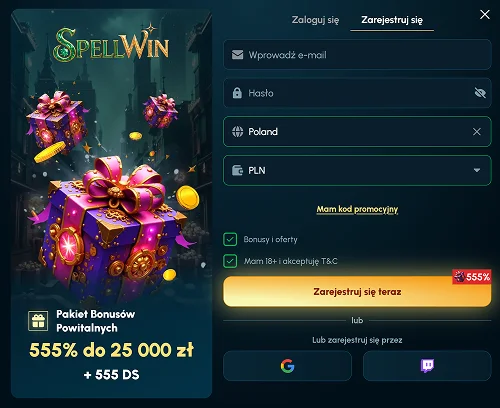wpisz swoj adres e-mail i haslo w spellwin casino