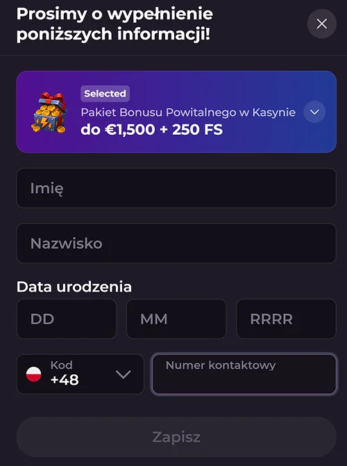 wypelnij dane osobowe rocky spin casino
