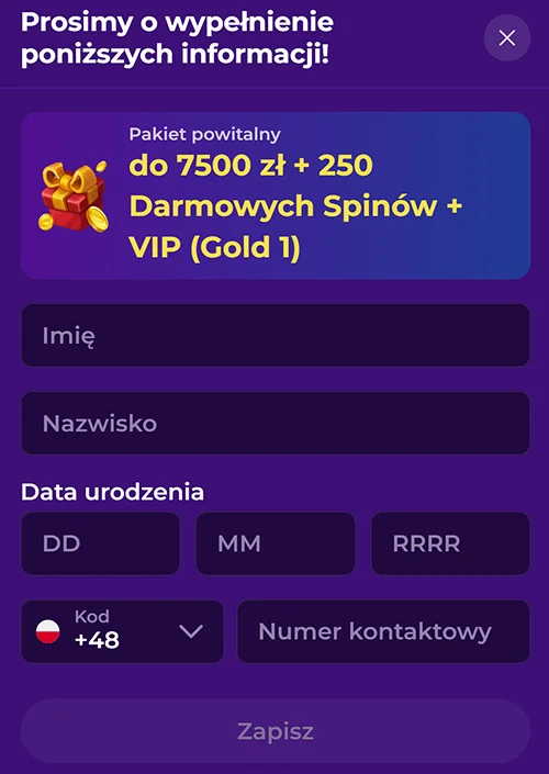 wypelnij dane osobowe w gambloria casino