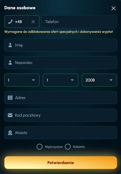 wypelnij dane osobowe w spellwin casino